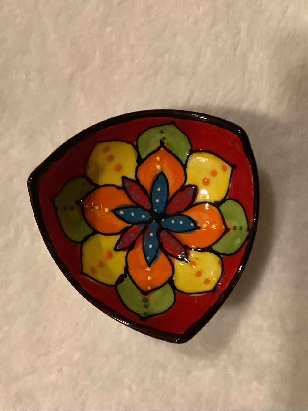 Del Rio Salado Spanish Art Pottery Triangular Trinket Dipping Bowl -Hand Painted
